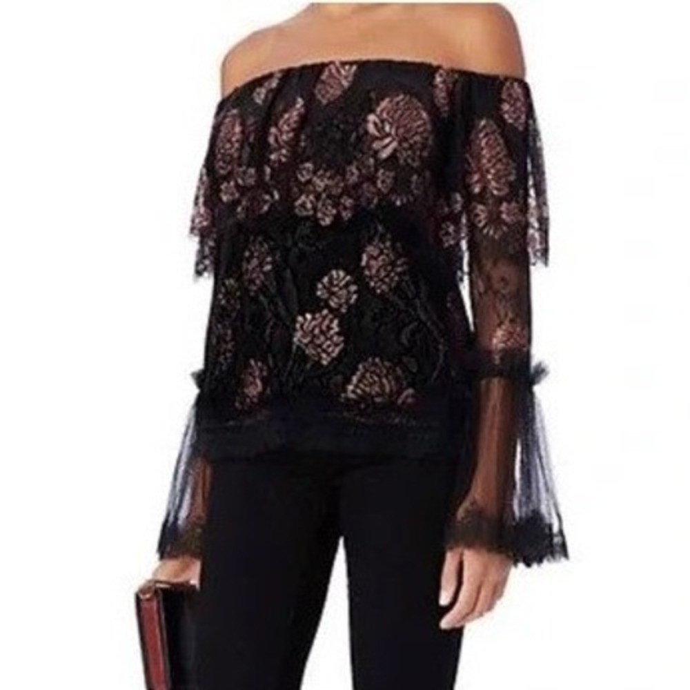 Alexis Laurena Black & Pink Floral Lace Off-the-Shoulder Top - XS‎